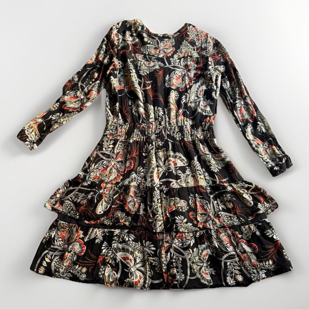 SET Made In Europe Black Floral Fit &Flare Dress US 6 Boho Whimsical Long Sleeve